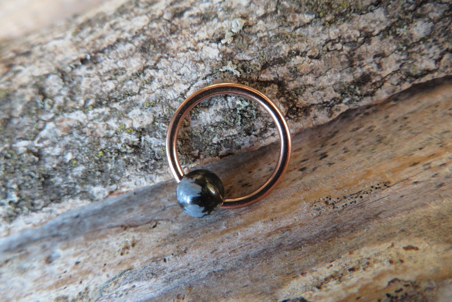 Snowflake Obsidian Natural Stone Rose Gold Titanium Ion Plated CBR Ring