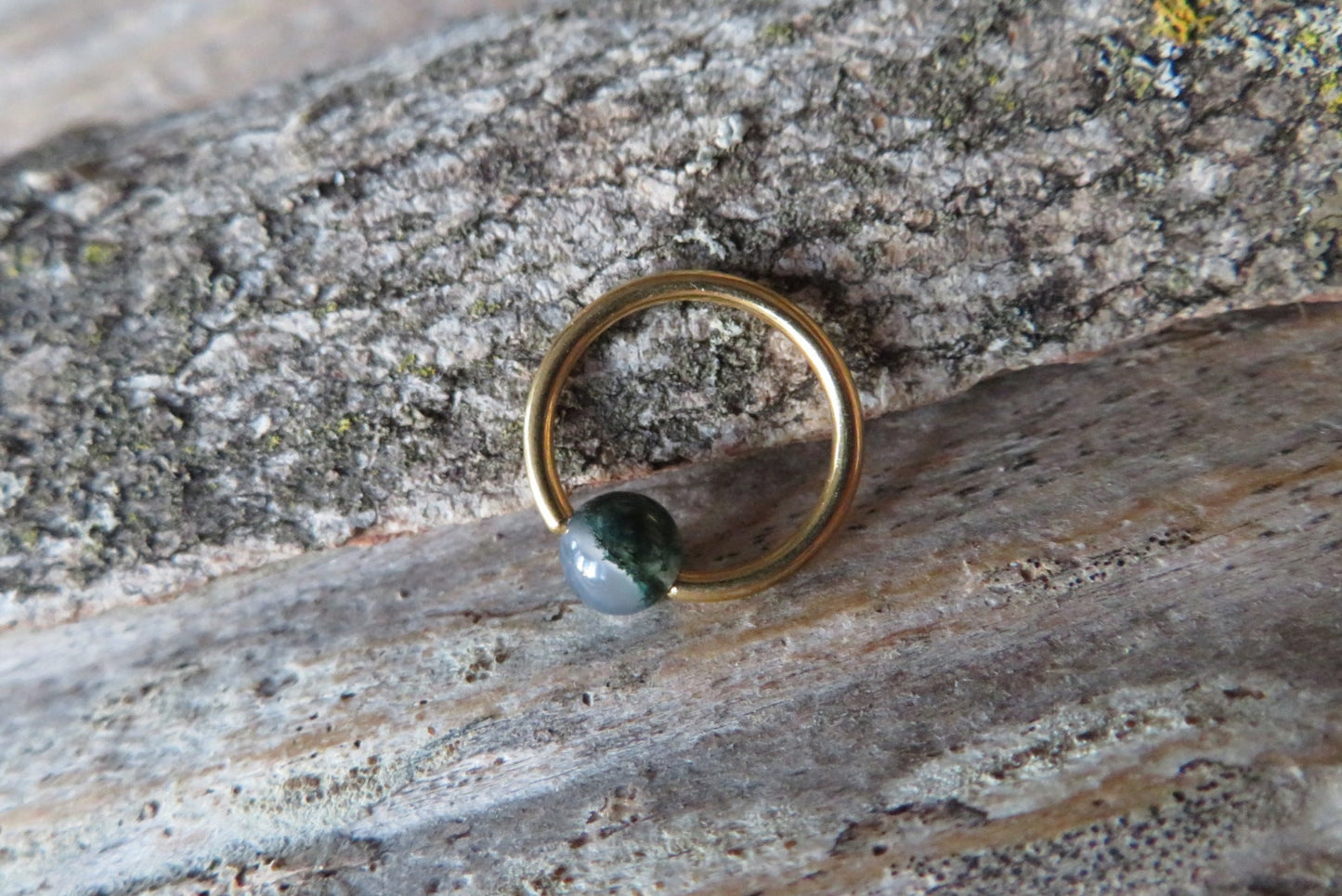 Moss Agate Natural Stone Gold Titanium Ion Plated CBR Ring