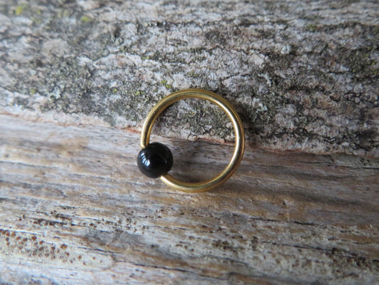 Black Obsidian Natural Volcanic Glass Gold Titanium Ion Plated CBR Ring