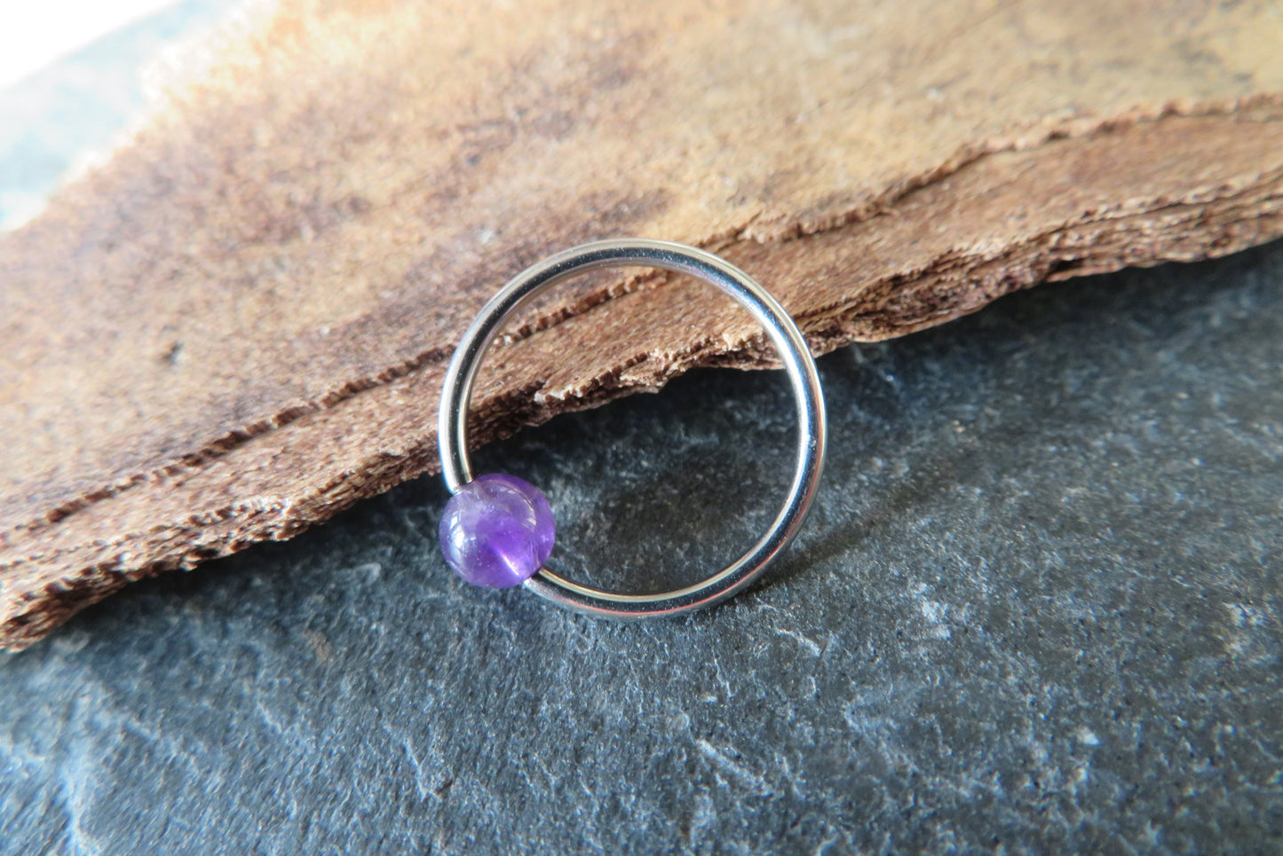 Amethyst Natural Stone ASTM F-136 Implant Grade Titanium CBR Ring