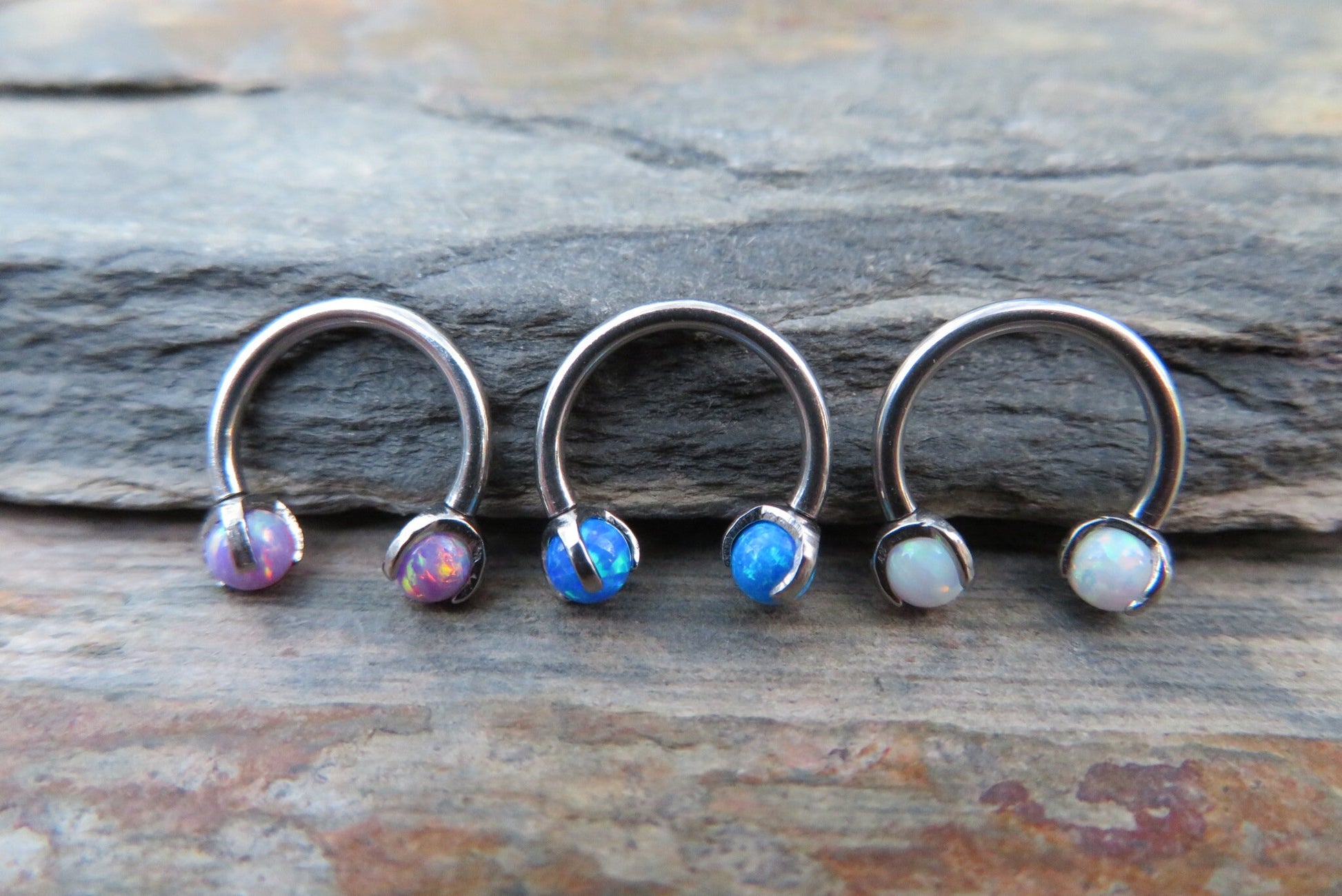 316L Surgical Steel Pronged Purple Fire Opal 16G (1.2mm) Internally Threaded Horseshoe Nose Ring Septum Piercing