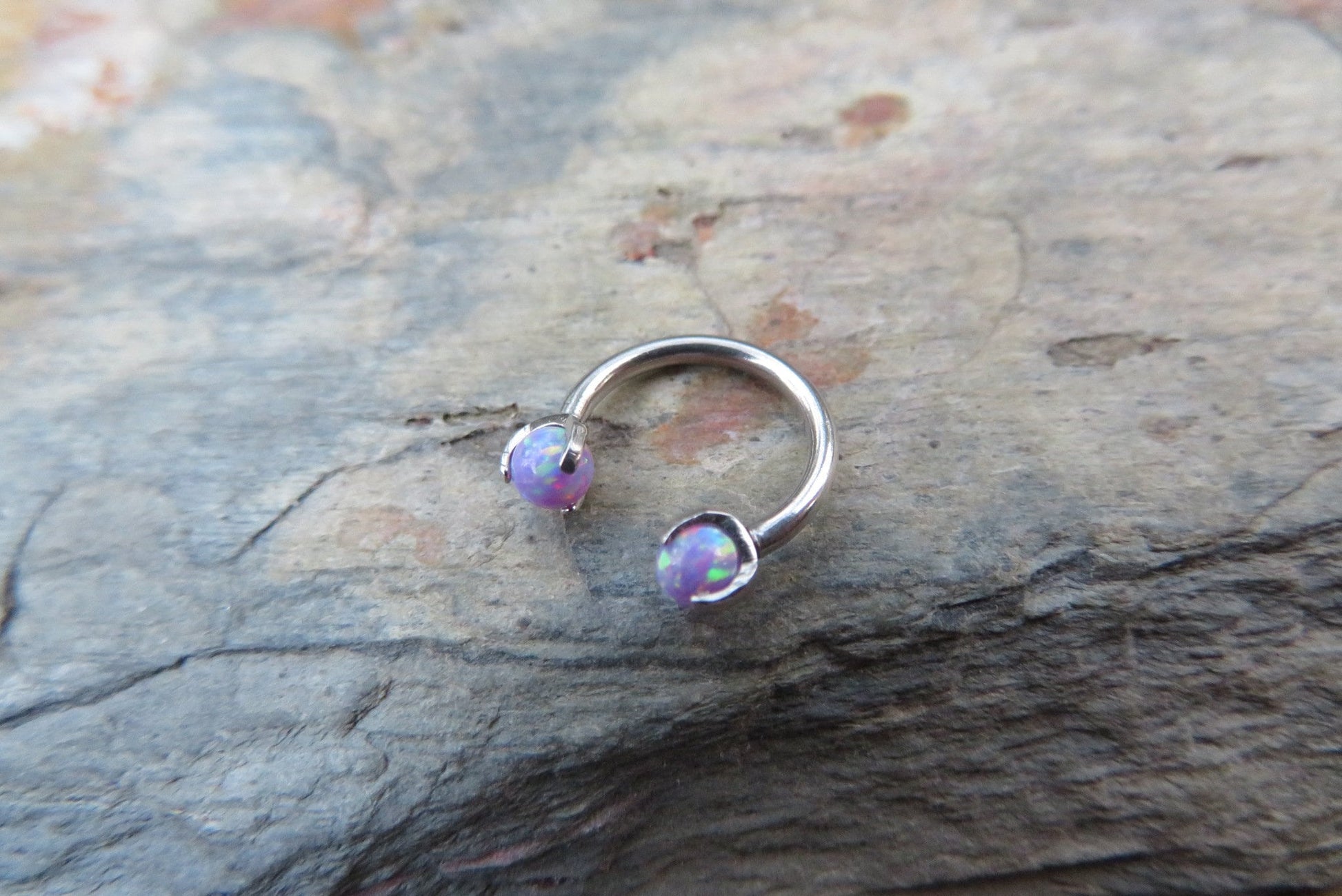 316L Surgical Steel Pronged Purple Fire Opal 16G (1.2mm) Internally Threaded Horseshoe Nose Ring Septum Piercing