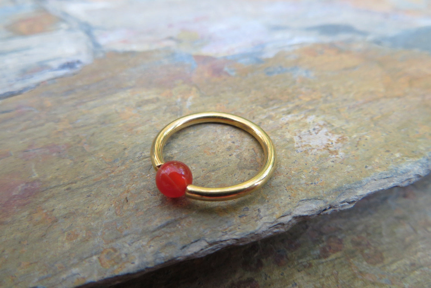 Natural Carnelian Stone Bead Gold Titanium Plated CBR Ring Hoop 16G (1.2mm) 14G (1.6mm) Nose Cartilage Septum Piercing 316L Steel