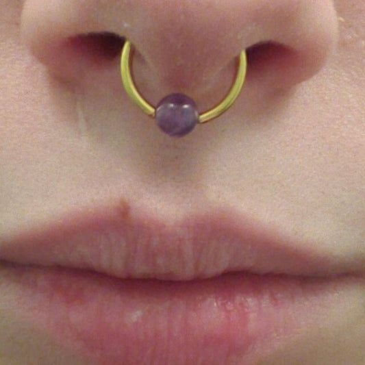 Natural Purple Amethyst Stone Bead Gold Titanium Plated CBR Ring Hoop 16G (1.2mm) 14G (1.6mm) Nose Cartilage Septum Piercing 316L Steel