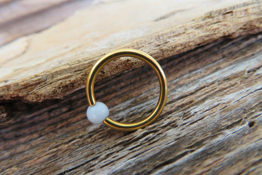 Natural Aquamarine Quartz Stone Bead Gold Titanium Plated CBR Ring Hoop 16G (1.2mm) 14G (1.6mm) Nose Cartilage Septum Piercing 316L Steel