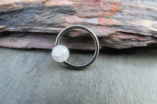 Pure Titanium T-23 Implant Grade Natural Rainbow Moonstone Bead CBR Ring Hoop 16G (1.2mm) 14G (1.6mm) Nose Cartilage Septum Lip Piercing