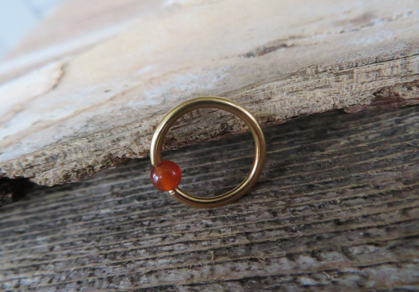 Natural Carnelian Stone Bead Gold Titanium Plated CBR Ring Hoop 16G (1.2mm) 14G (1.6mm) Nose Cartilage Septum Piercing 316L Steel