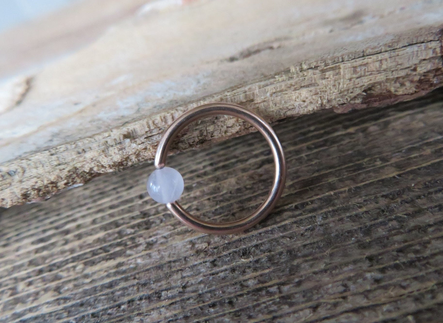 Natural Pink Rose Quartz Stone Bead Rose Gold Titanium Plated CBR Ring 16G (1.2mm) 14G (1.6mm) Nose Cartilage Septum Piercing 316L Steel