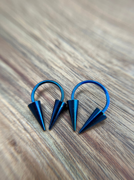 Cobalt Blue Titanium Ion Plated Extra Long Spikes 16G (1.2mm) Horseshoe Ring Septum Nose Cartilage Piercing Steel Spiked Punk Rock Piercings