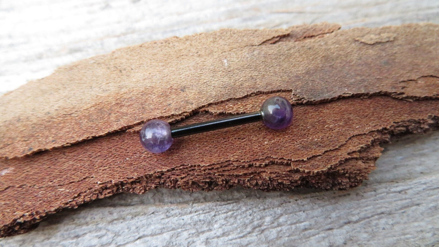 Petite Stones Black Titanium Ion Plated Natural Purple Amethyst 5mm Stone Nipple Tongue Ring 14G (1.6mm) Barbell Barbells Bars Piercing