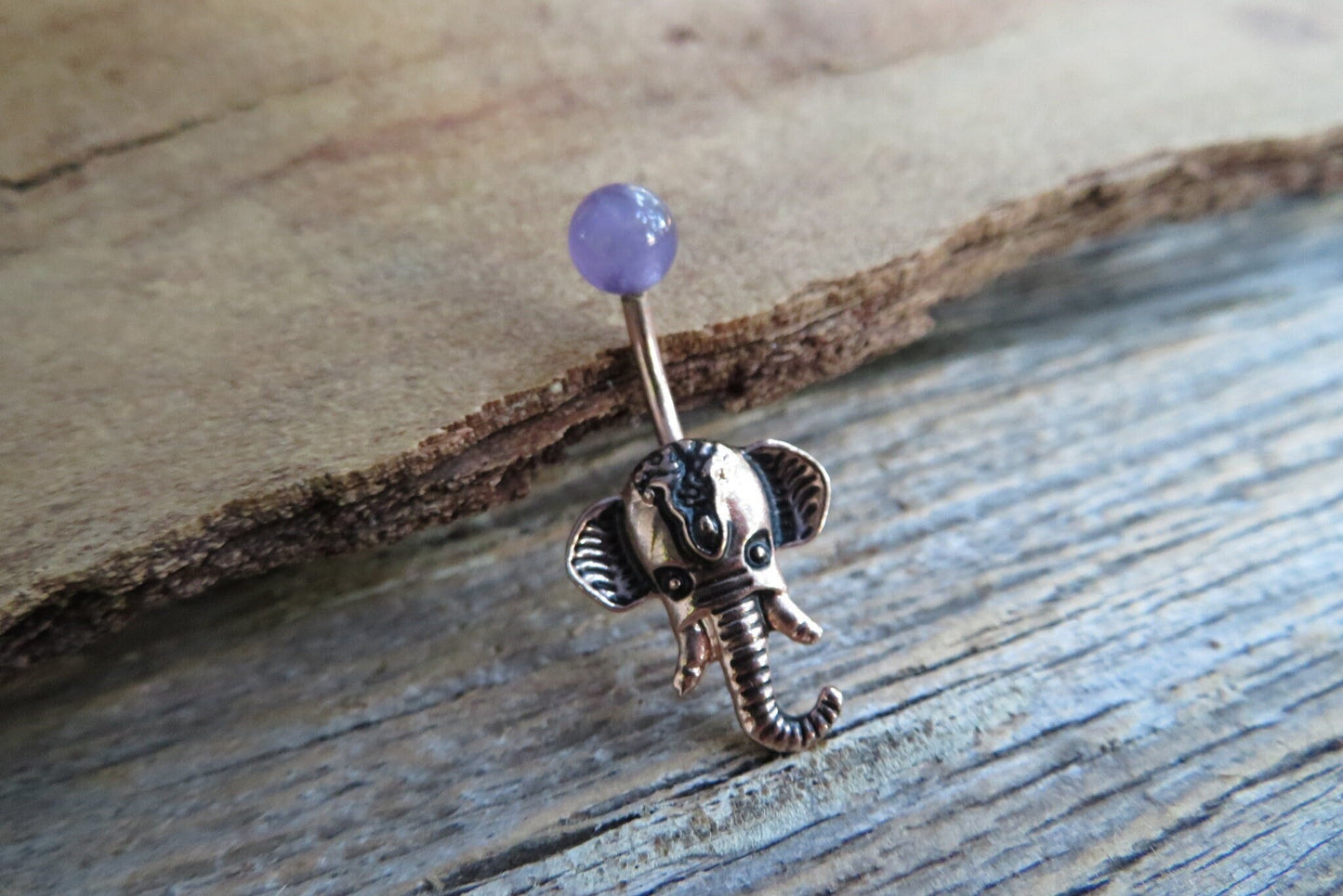 Amethyst Natural Stone Ganesha Elephant 14G (1.6mm) Belly Navel Ring Piercing Rose Gold Steel Barbell