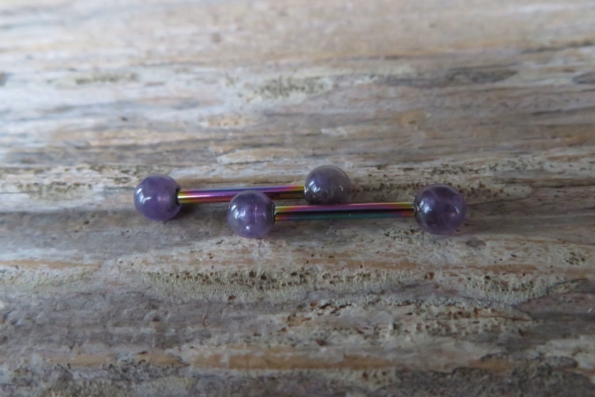 Petite Stones Rainbow Titanium Ion Plated Natural Purple Amethyst 5mm Stone Nipple Tongue Ring 14G (1.6mm) Barbell Barbells Bars Piercing