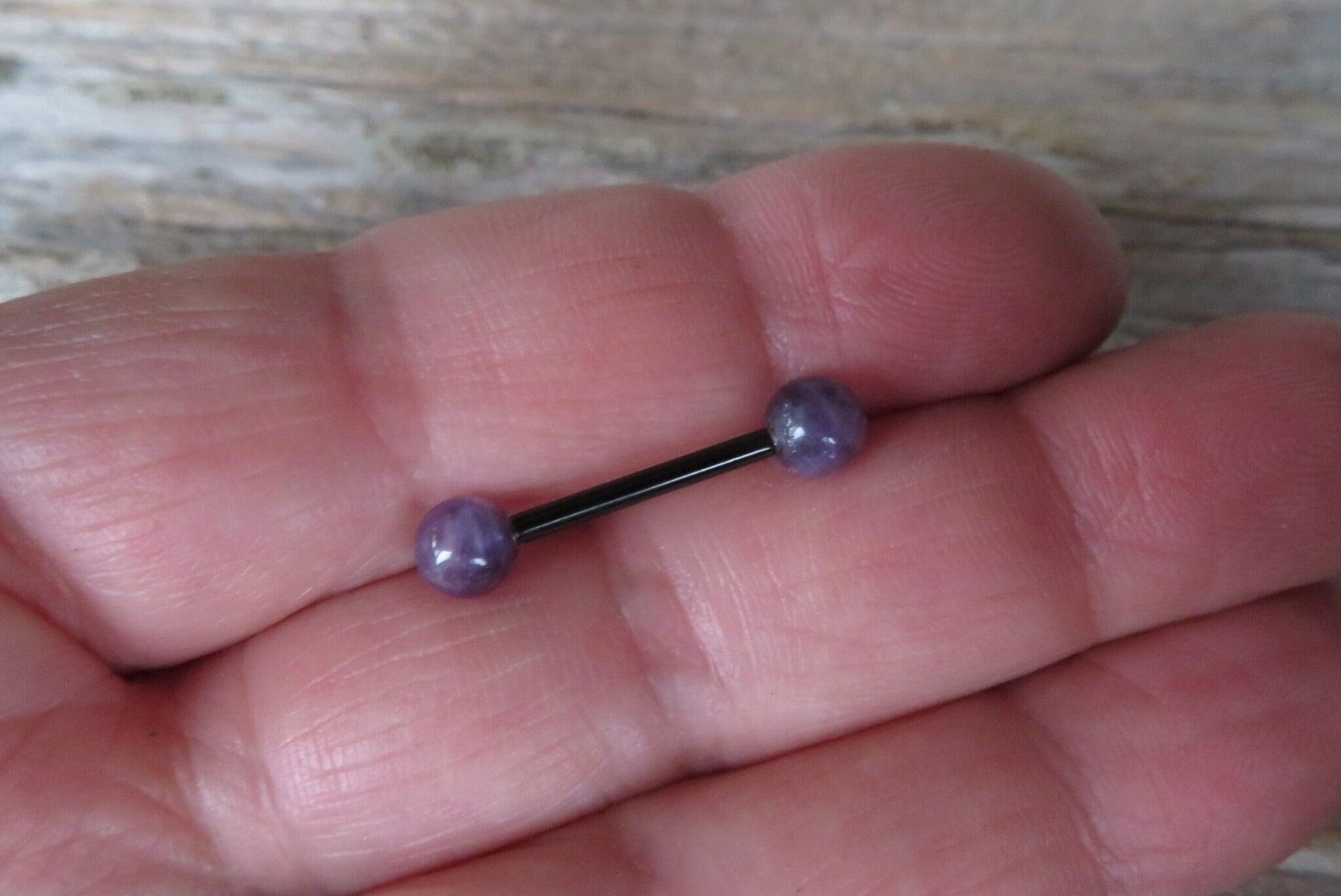 Petite Stones Black Titanium Ion Plated Natural Purple Amethyst 5mm Stone Nipple Tongue Ring 14G (1.6mm) Barbell Barbells Bars Piercing