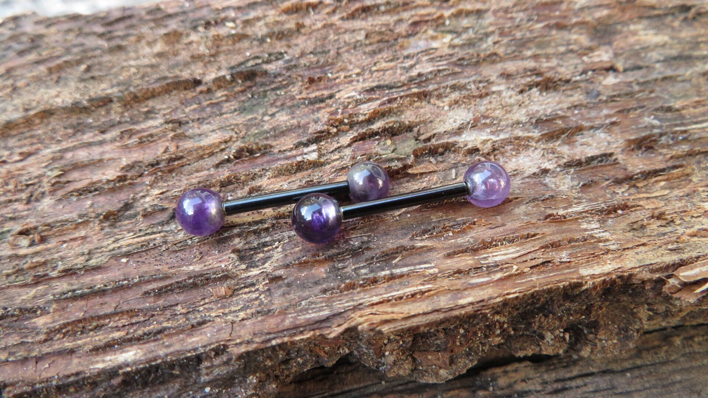 Petite Stones Black Titanium Ion Plated Natural Purple Amethyst 5mm Stone Nipple Tongue Ring 14G (1.6mm) Barbell Barbells Bars Piercing