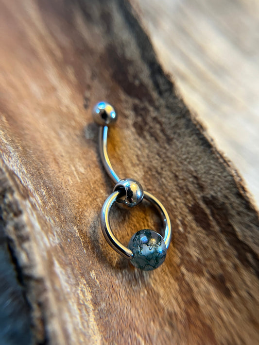 Natural Moss Agate Stone Slave Knocker Floating Belly Navel VCH Christina Barbell 14G (1.6mm) Piercing Hypoallergenic Surgical Steel Ring