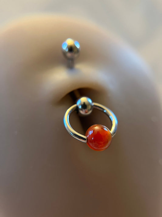 Natural Carnelian Agate Stone Slave Knocker Floating Belly Navel VCH Christina Barbell 14G (1.6mm) Piercing 316L Surgical Steel Ring Orange