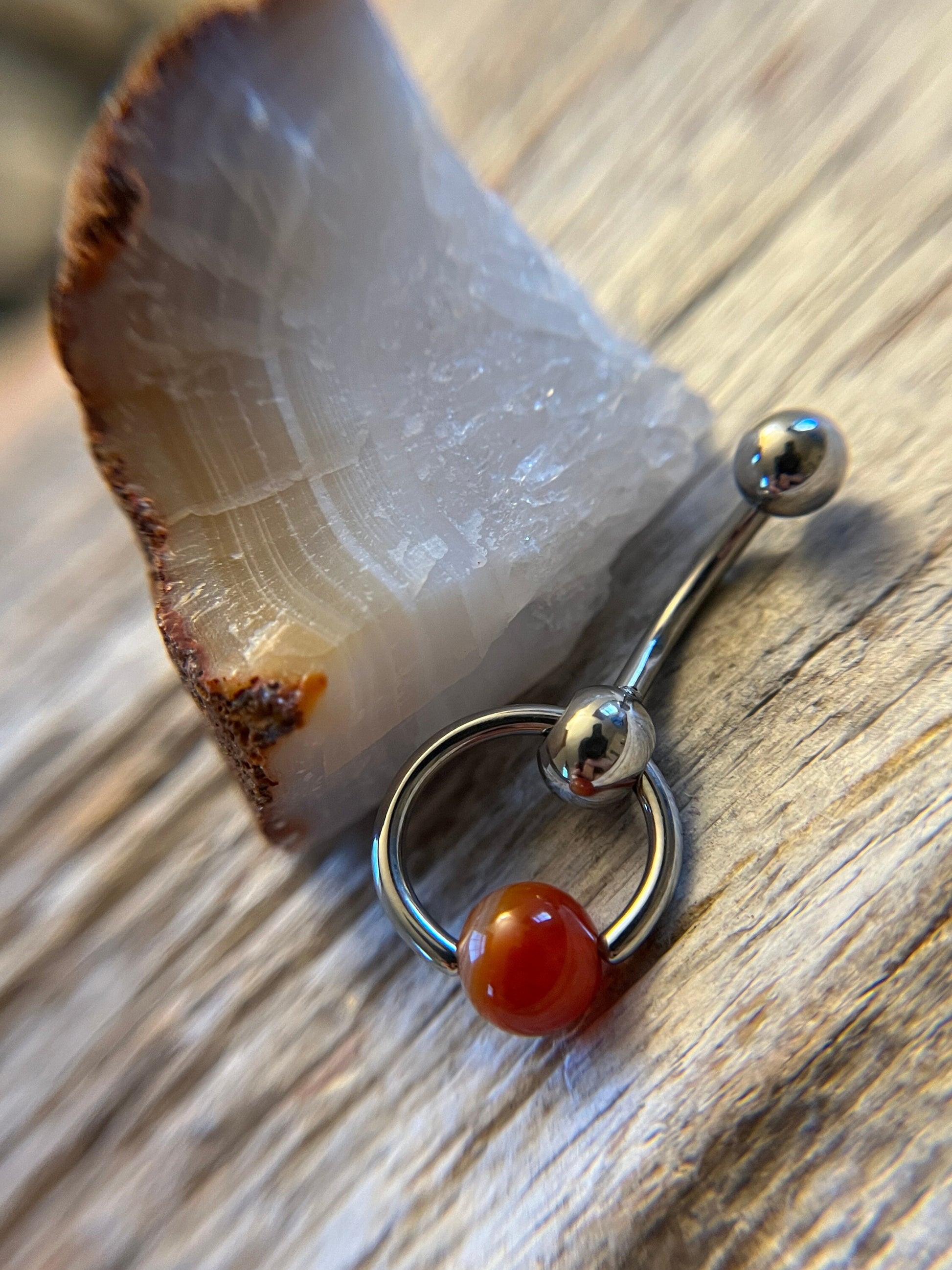 Natural Carnelian Agate Stone Slave Knocker Floating Belly Navel VCH Christina Barbell 14G (1.6mm) Piercing 316L Surgical Steel Ring Orange