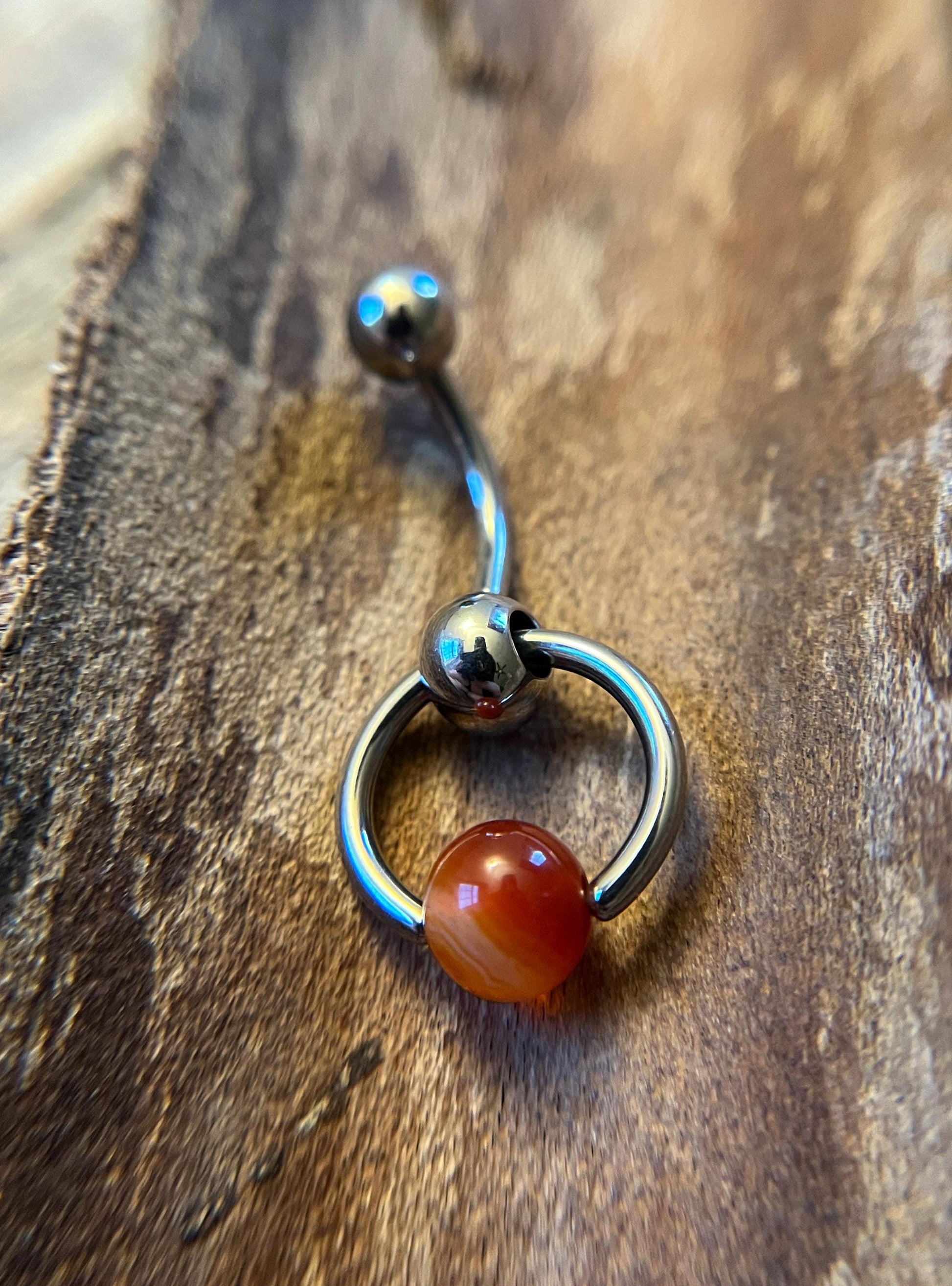 Natural Carnelian Agate Stone Slave Knocker Floating Belly Navel VCH Christina Barbell 14G (1.6mm) Piercing 316L Surgical Steel Ring Orange