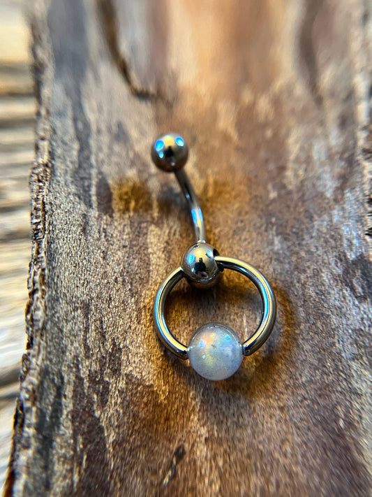 Natural Flash Labradorite Stone Slave Knocker Floating Belly Navel VCH Christina Barbell 14G (1.6mm) Piercing 316L Surgical Steel Ring