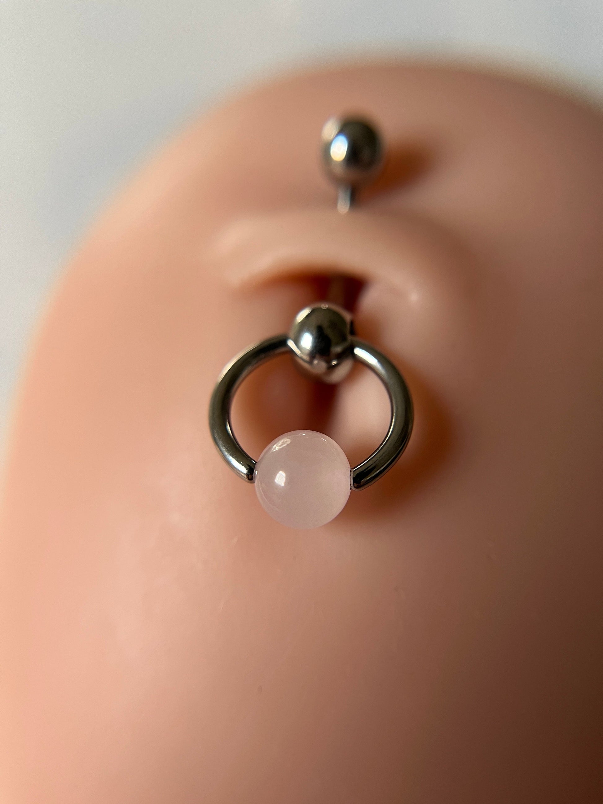 Natural Pink Rose Quartz Stone Slave Knocker Floating Belly Navel VCH Christina Barbell 14G (1.6mm) Piercing 316L Surgical Steel Bar Ring