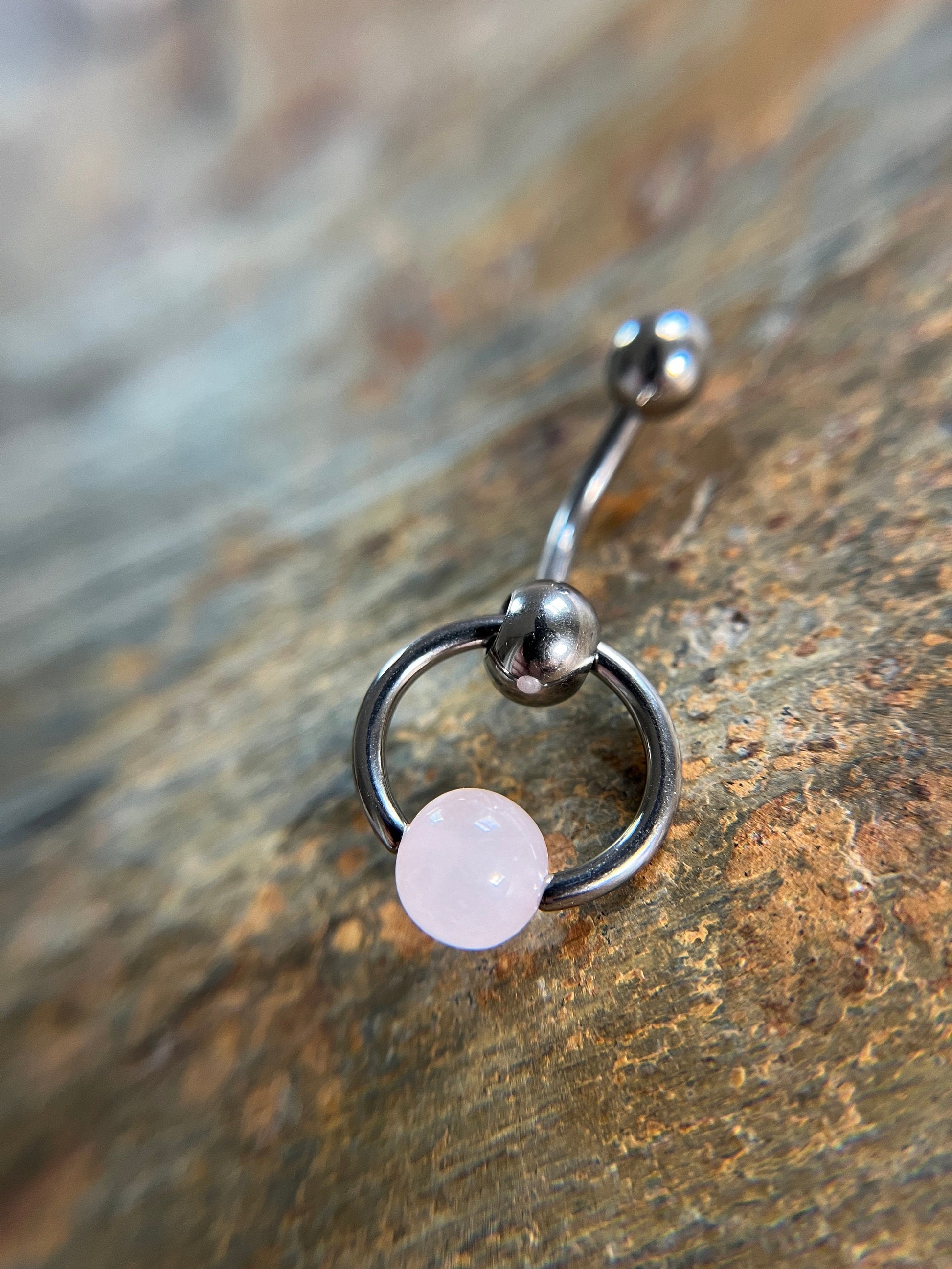 Natural Pink Rose Quartz Stone Slave Knocker Floating Belly Navel VCH Christina Barbell 14G (1.6mm) Piercing 316L Surgical Steel Bar Ring