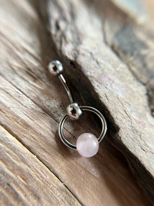 Natural Pink Rose Quartz Stone Slave Knocker Floating Belly Navel VCH Christina Barbell 14G (1.6mm) Piercing 316L Surgical Steel Bar Ring