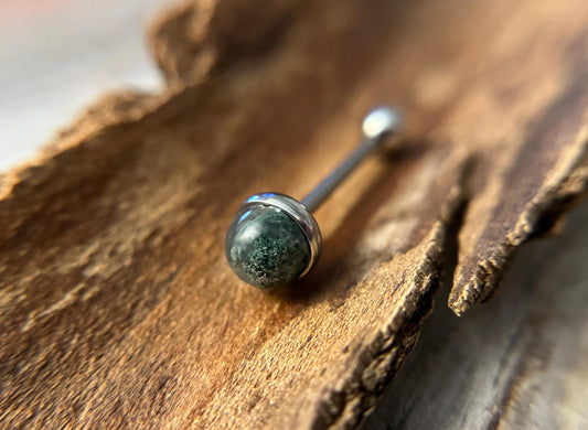 Natural Moss Agate Stone Tongue Ring Barbell 14G (1.6mm) Piercing Custom Length Bar Bezel Set Hypoallergenic 316L Surgical Steel