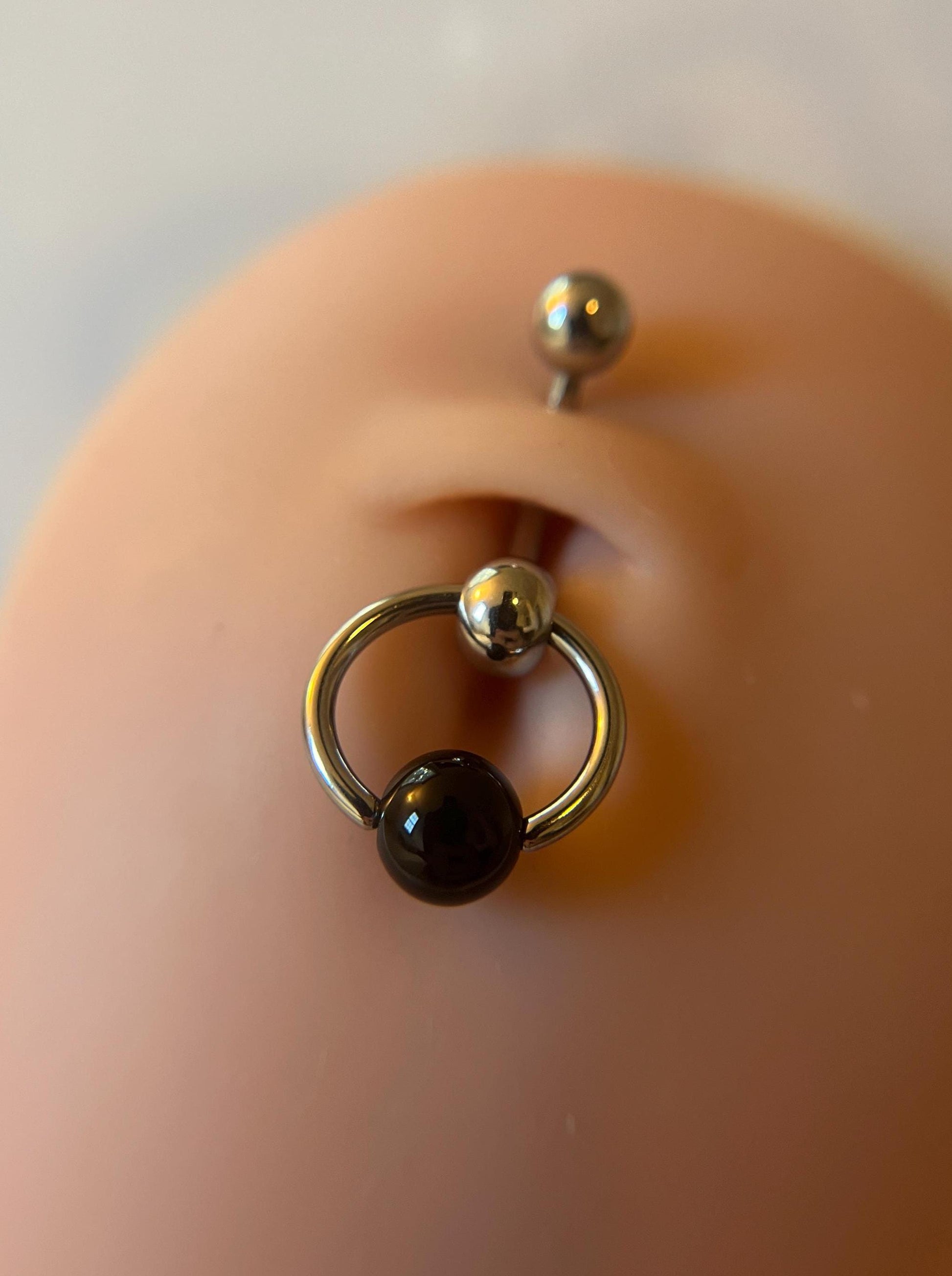 Natural Black Obsidian Volcanic Glass Slave Knocker Floating Belly Navel VCH Christina Barbell 14G (1.6mm) Piercing Surgical Steel Bar Ring