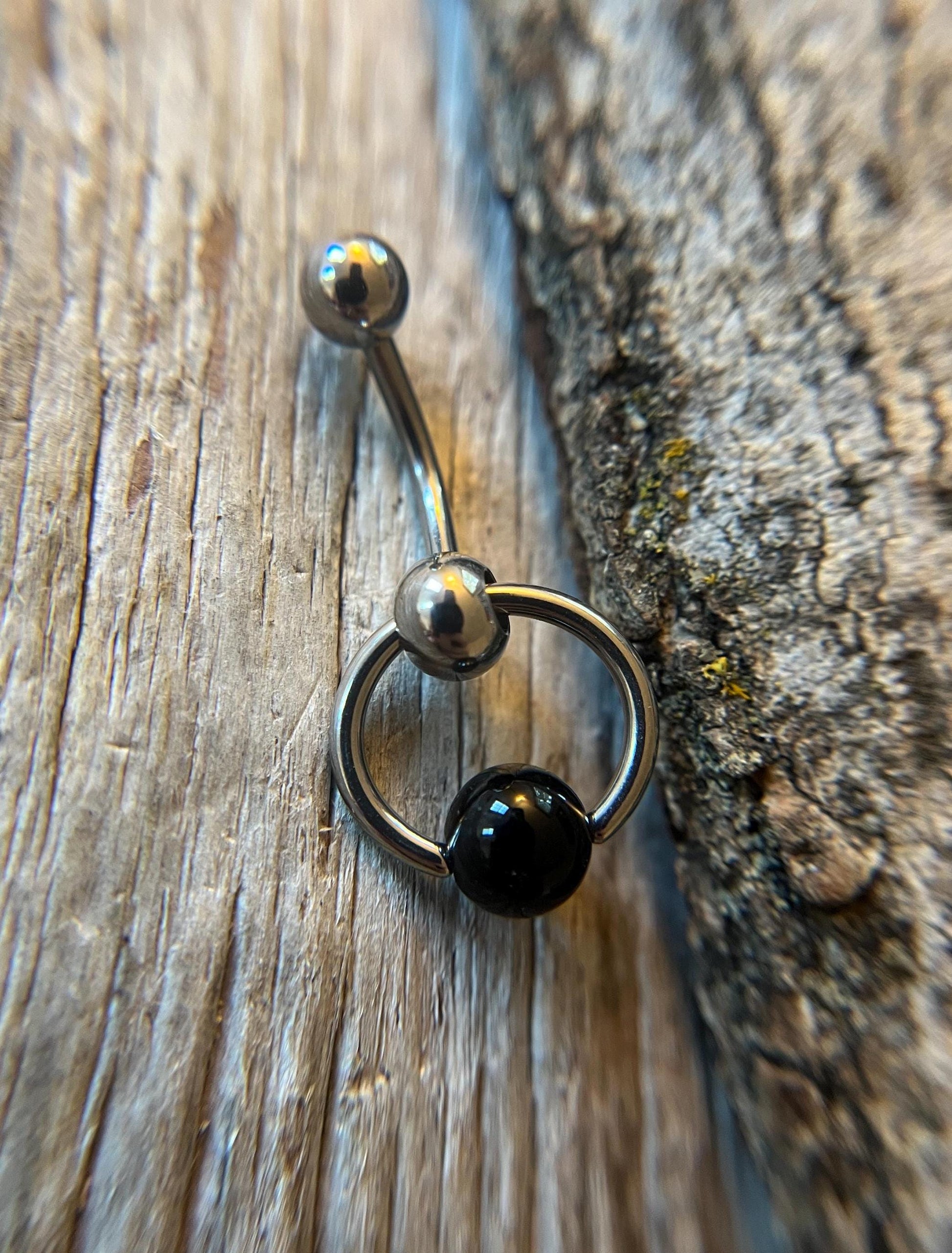 Natural Black Obsidian Volcanic Glass Slave Knocker Floating Belly Navel VCH Christina Barbell 14G (1.6mm) Piercing Surgical Steel Bar Ring