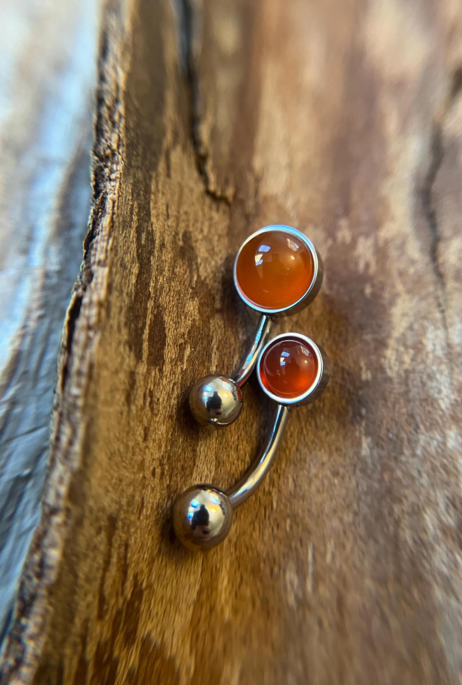 Natural Carnelian Agate Stone Belly Ring Floating Navel VCH Piercing Barbell 14G (1.6mm) Custom Length Bar Bezel Set 316L Surgical Steel