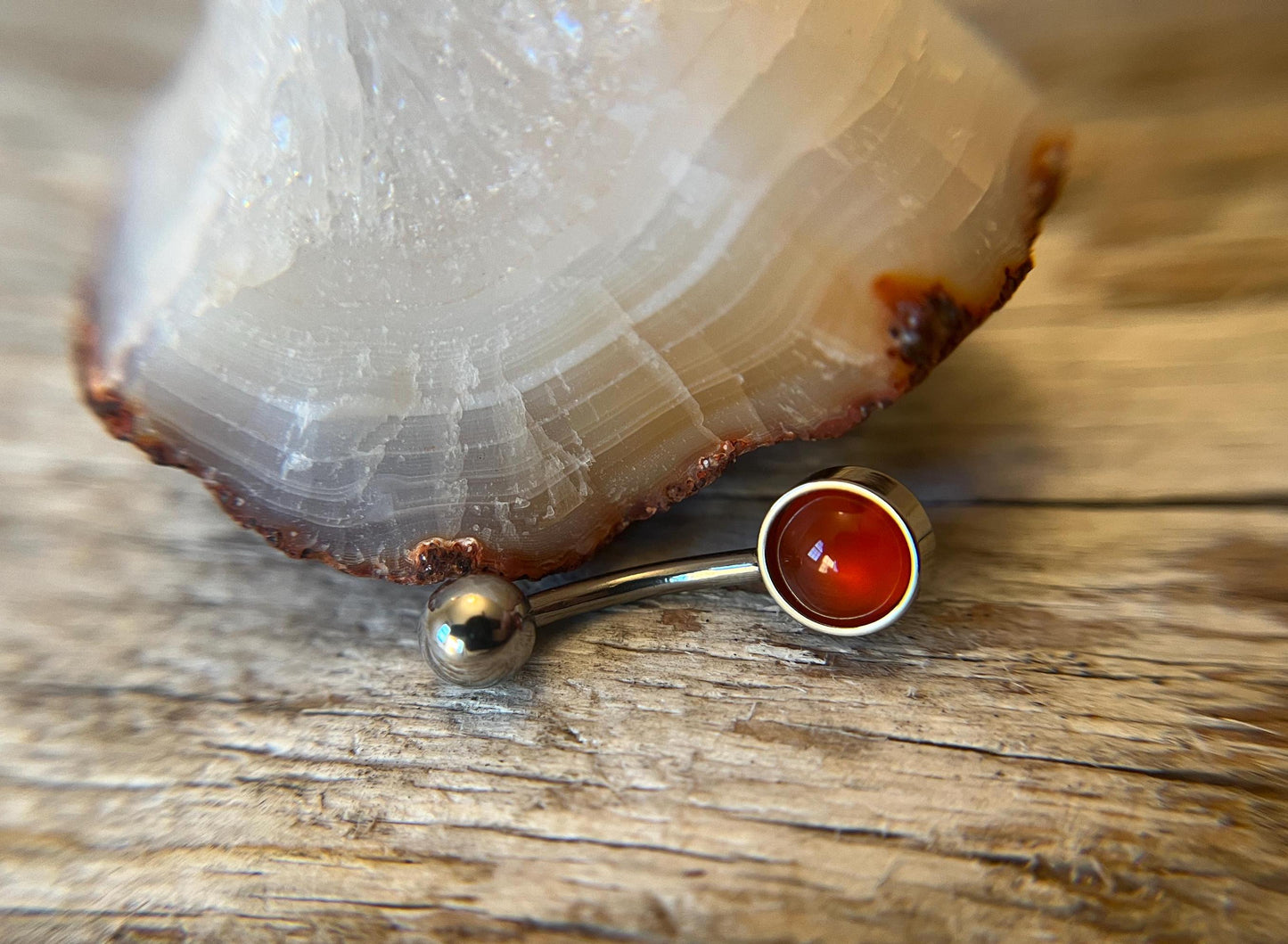 Natural Carnelian Agate Stone Belly Ring Floating Navel VCH Piercing Barbell 14G (1.6mm) Custom Length Bar Bezel Set 316L Surgical Steel