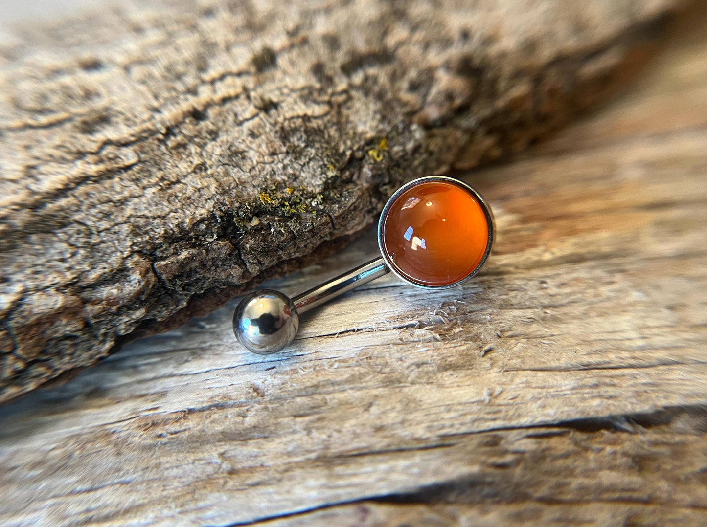 Natural Carnelian Agate Stone Belly Ring Floating Navel VCH Piercing Barbell 14G (1.6mm) Custom Length Bar Bezel Set 316L Surgical Steel