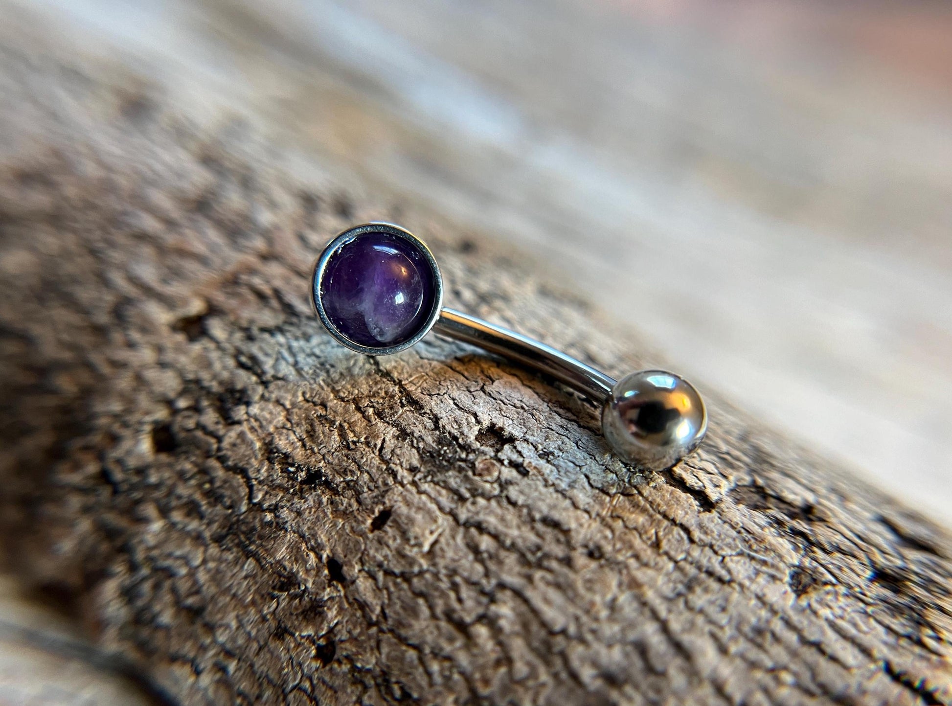 Natural Purple Amethyst Stone Belly Ring Floating Navel VCH Piercing Barbell 14G (1.6mm) Custom Length Bar Bezel Set 316L Surgical Steel