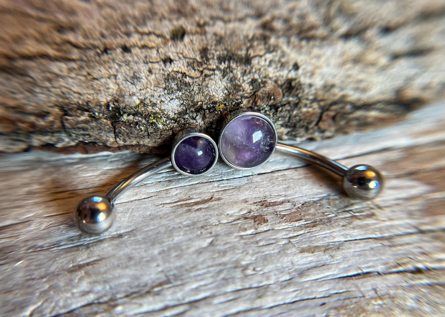 Natural Purple Amethyst Stone Belly Ring Floating Navel VCH Piercing Barbell 14G (1.6mm) Custom Length Bar Bezel Set 316L Surgical Steel