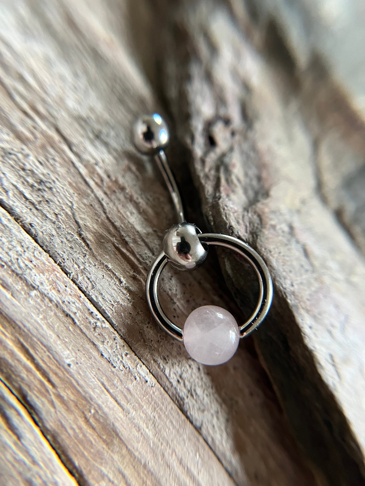 Natural Pink Rose Quartz Stone Slave Knocker Floating Belly Navel VCH Christina Barbell 14G (1.6mm) Piercing 316L Surgical Steel Bar Ring