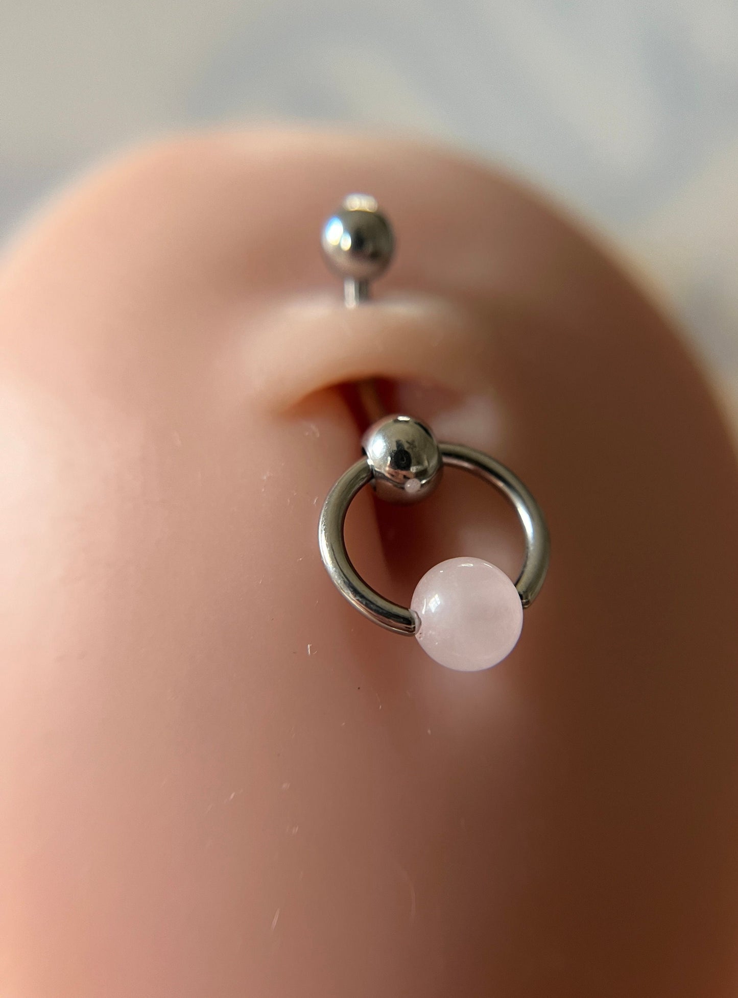 Natural Pink Rose Quartz Stone Slave Knocker Floating Belly Navel VCH Christina Barbell 14G (1.6mm) Piercing 316L Surgical Steel Bar Ring