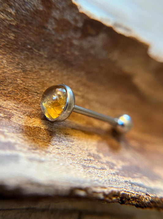 Natural Golden Citrine Stone Tongue Ring Barbell 14G (1.6mm) Piercing Custom Length Bar Bezel Set Hypoallergenic 316L Surgical Steel Crystal