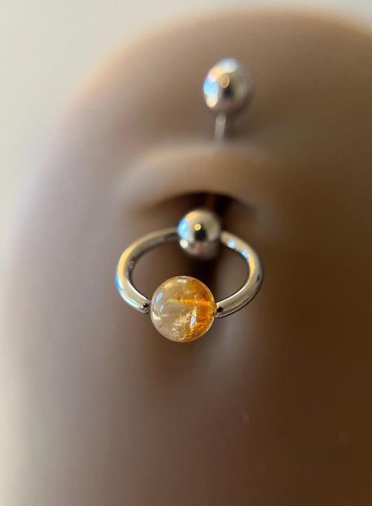 Natural Golden Citrine Stone Slave Knocker Floating Belly Navel VCH Christina Barbell 14G (1.6mm) Piercing 316L Surgical Steel Bar Ring