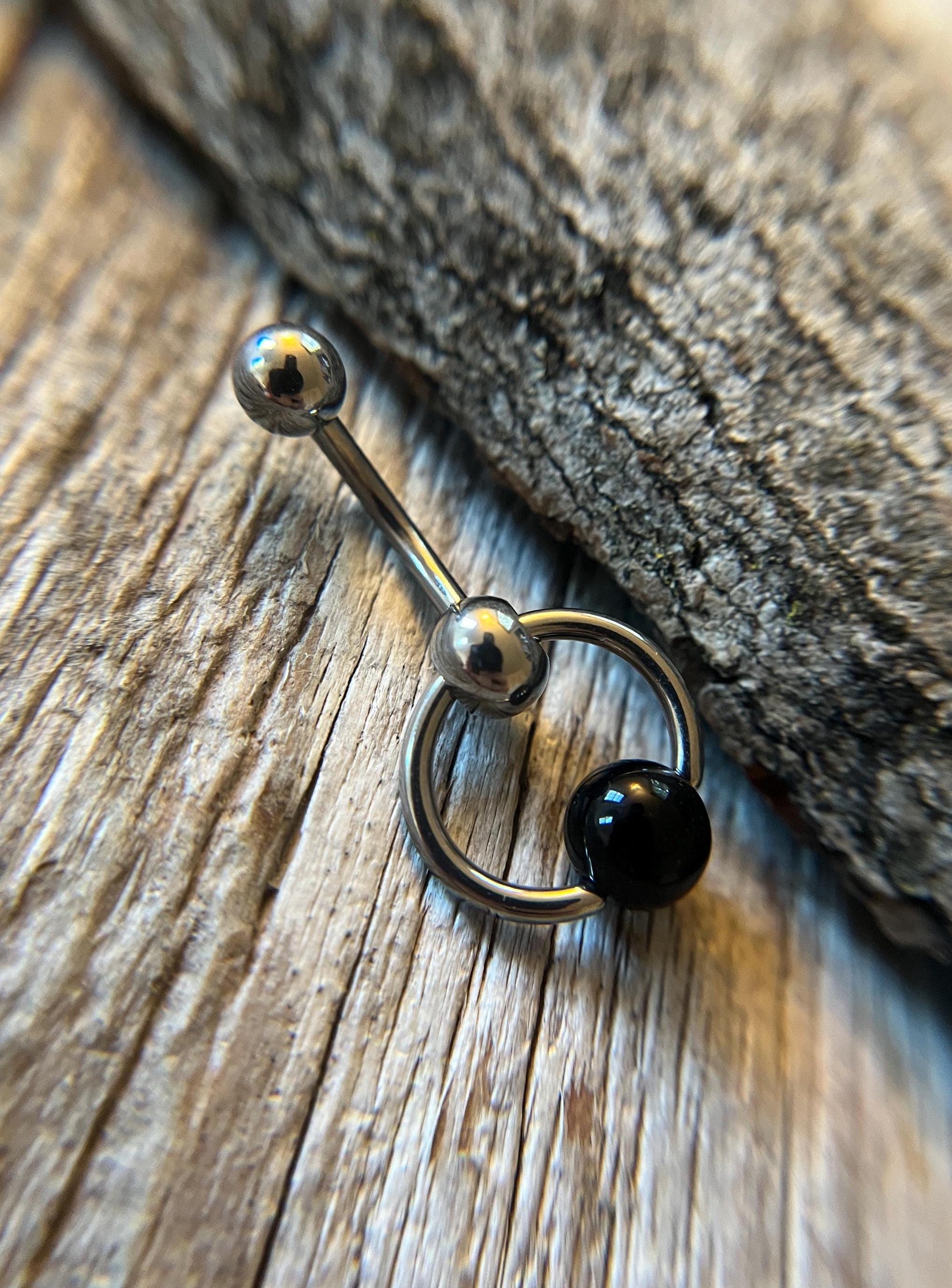 Natural Black Obsidian Volcanic Glass Slave Knocker Floating Belly Navel VCH Christina Barbell 14G (1.6mm) Piercing Surgical Steel Bar Ring