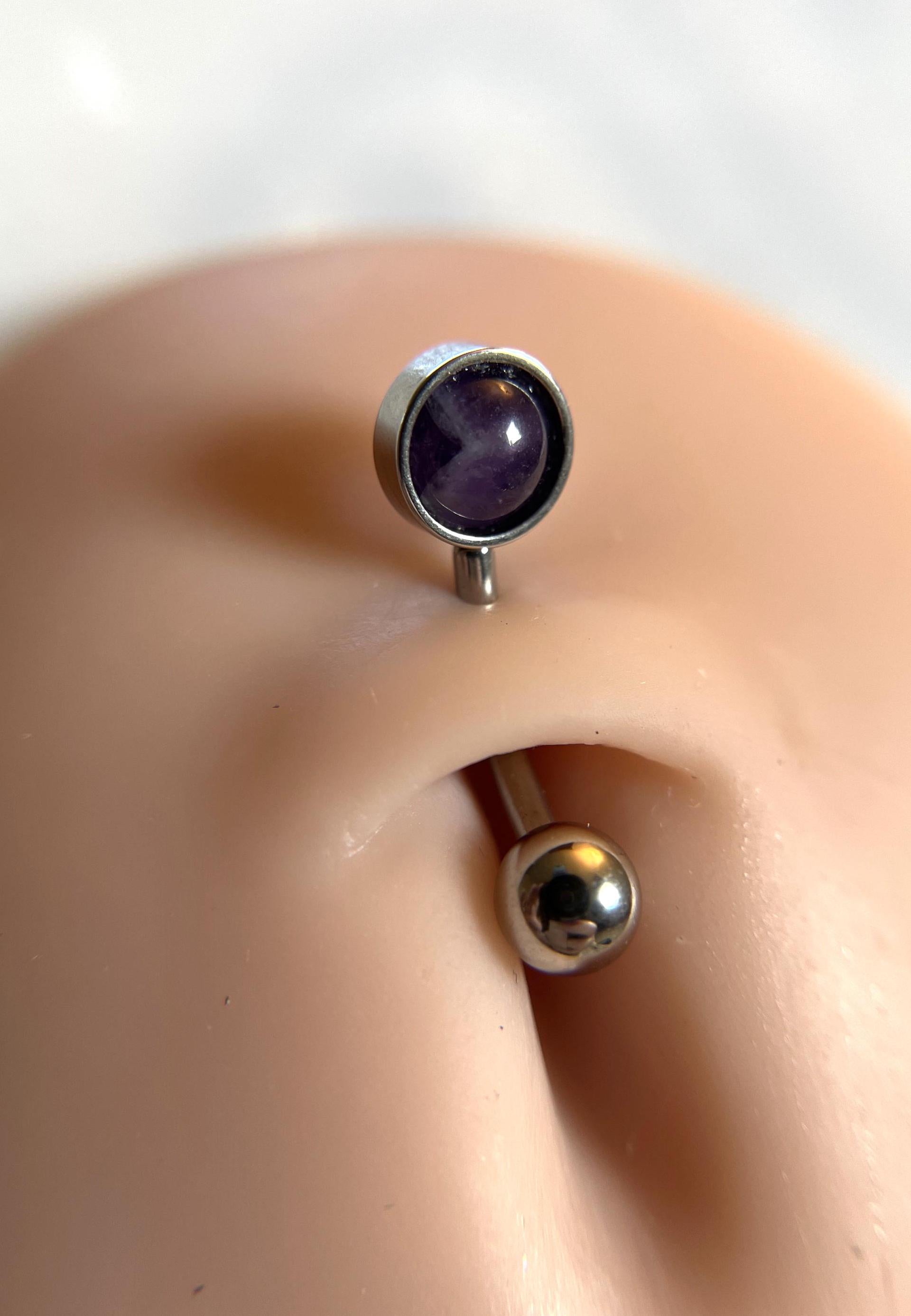 Natural Purple Amethyst Stone Belly Ring Floating Navel VCH Piercing Barbell 14G (1.6mm) Custom Length Bar Bezel Set 316L Surgical Steel