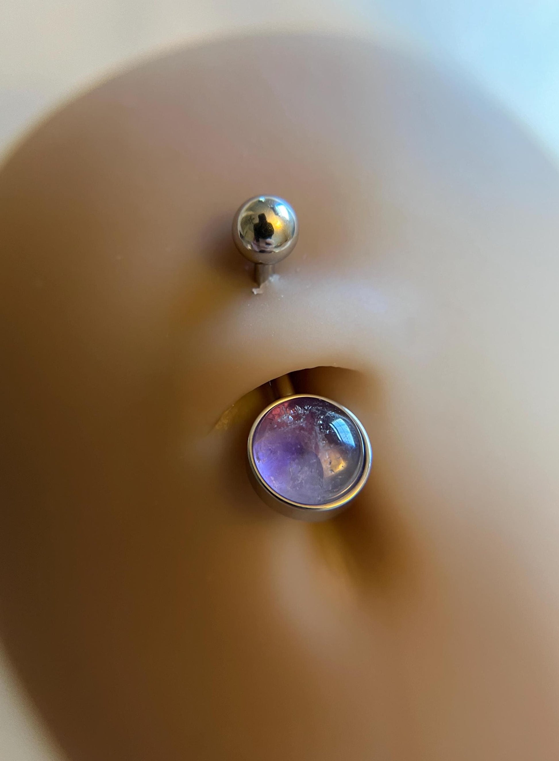 Natural Purple Amethyst Stone Belly Ring Floating Navel VCH Piercing Barbell 14G (1.6mm) Custom Length Bar Bezel Set 316L Surgical Steel