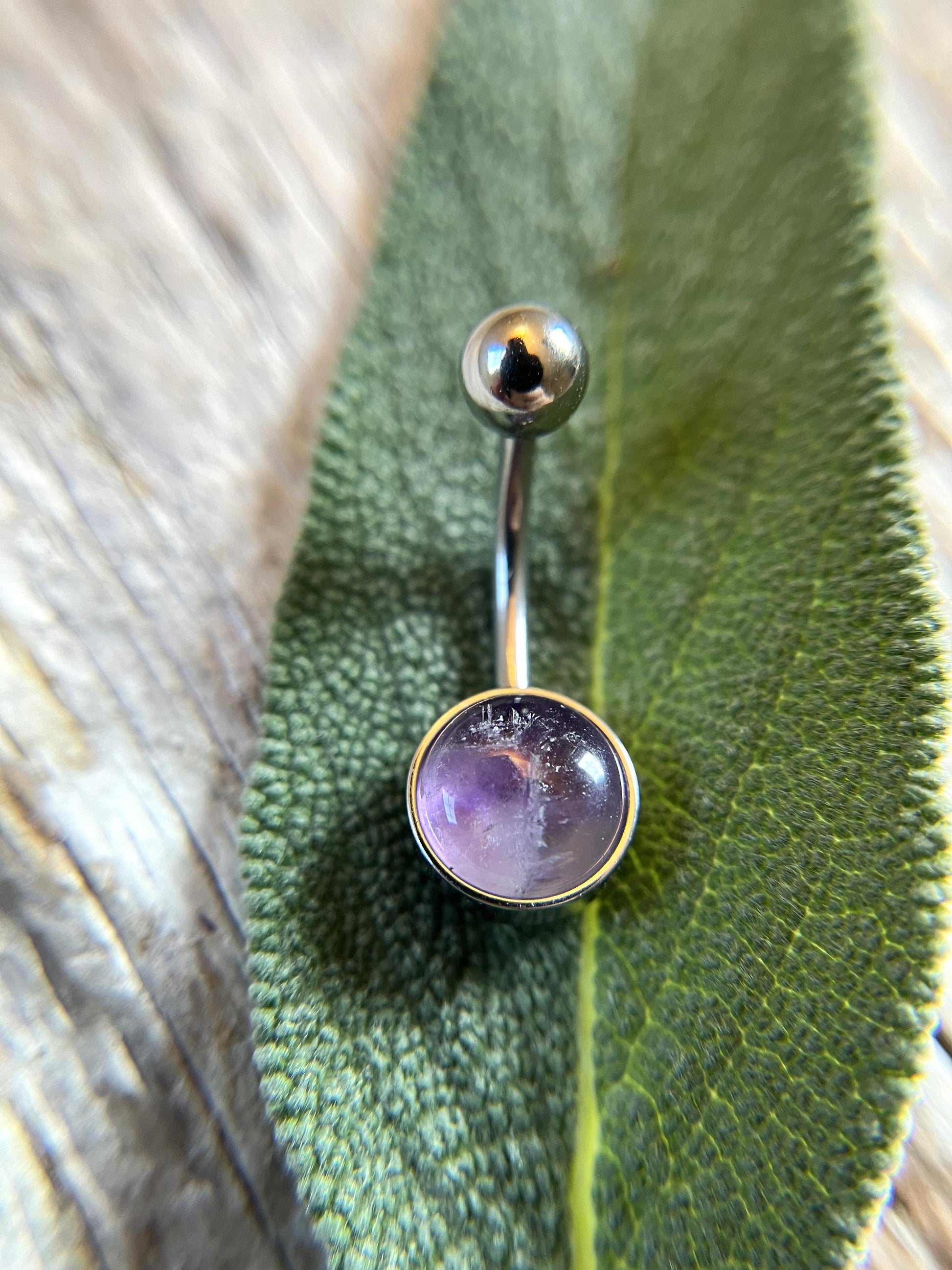 Natural Purple Amethyst Stone Belly Ring Floating Navel VCH Piercing Barbell 14G (1.6mm) Custom Length Bar Bezel Set 316L Surgical Steel