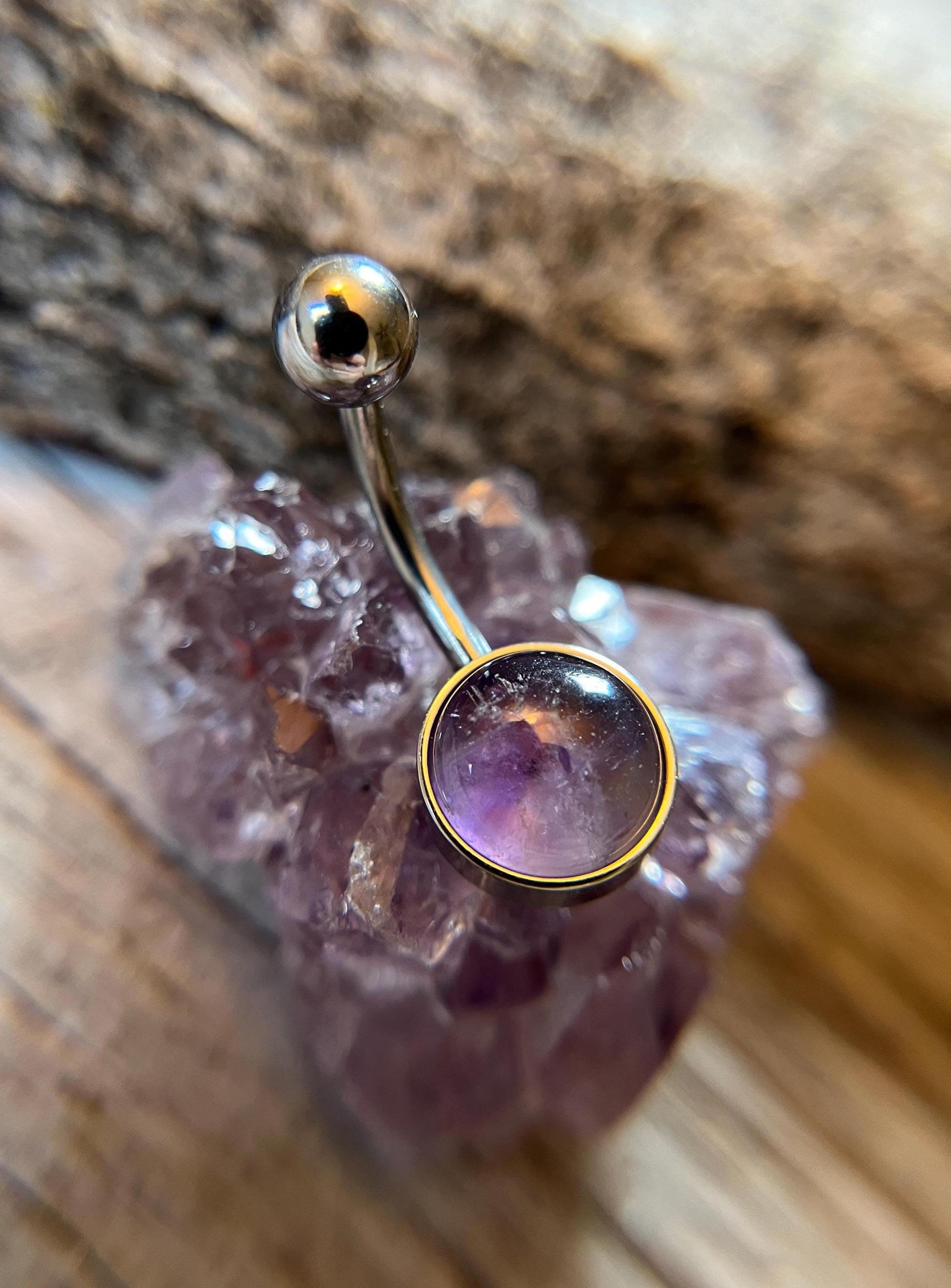 Natural Purple Amethyst Stone Belly Ring Floating Navel VCH Piercing Barbell 14G (1.6mm) Custom Length Bar Bezel Set 316L Surgical Steel