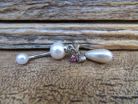Bow Faux Pearl Dangle Belly Ring (Pink)