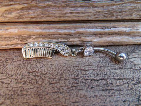 Hair Dressers Comb Zirconia Dangle Belly Ring