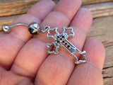 Gothic Cross Black Zirconia Dangle Belly Ring