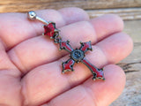 Gothic Cross Red Star Zirconia Dangle Belly Ring