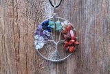 Large Tree of Life Stone Chip Silver Tone Necklace (Chakra)