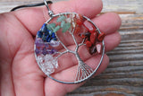 Large Tree of Life Stone Chip Silver Tone Necklace (Chakra)