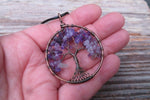 Large Tree of Life Stone Chip Copper Tone Necklace (Amethyst)